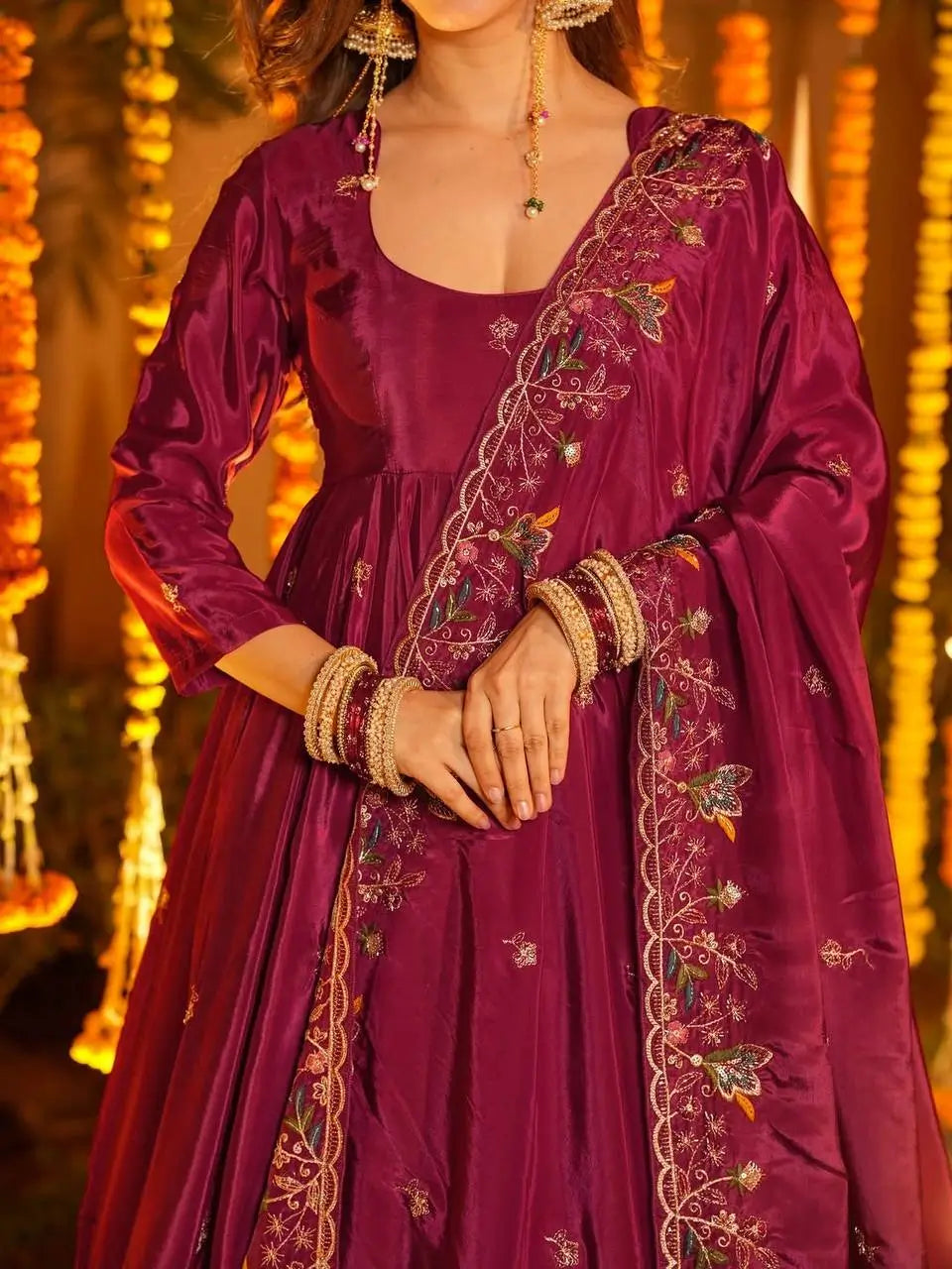 Crunchy Silk Embroidered Gown Sharara Set with Dupatta for Elegant look