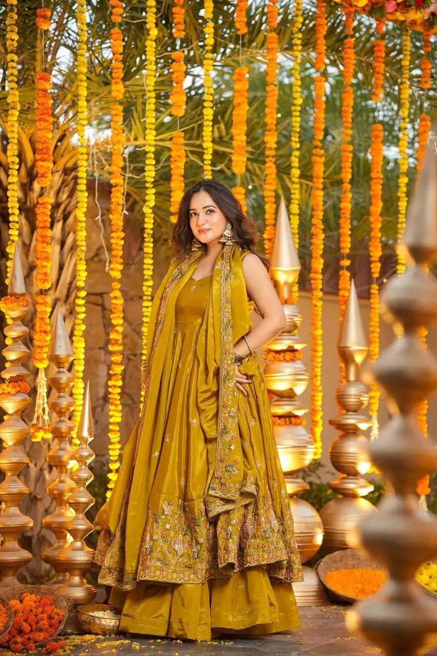 Crunchy Silk Embroidered Gown Sharara Set with Dupatta for Elegant look