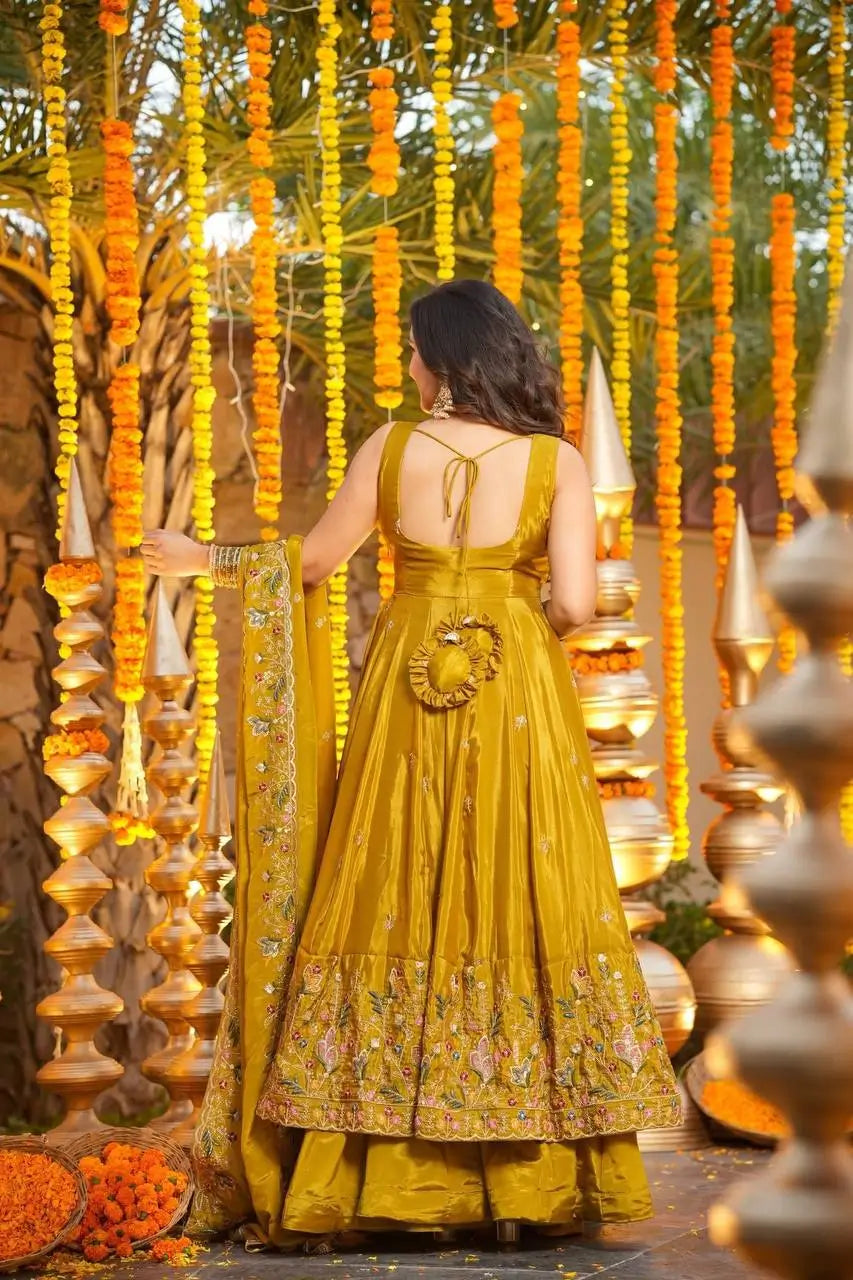 Crunchy Silk Embroidered Gown Sharara Set with Dupatta for Elegant look