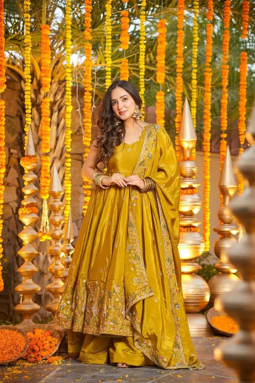 Crunchy Silk Embroidered Gown Sharara Set with Dupatta for Elegant look