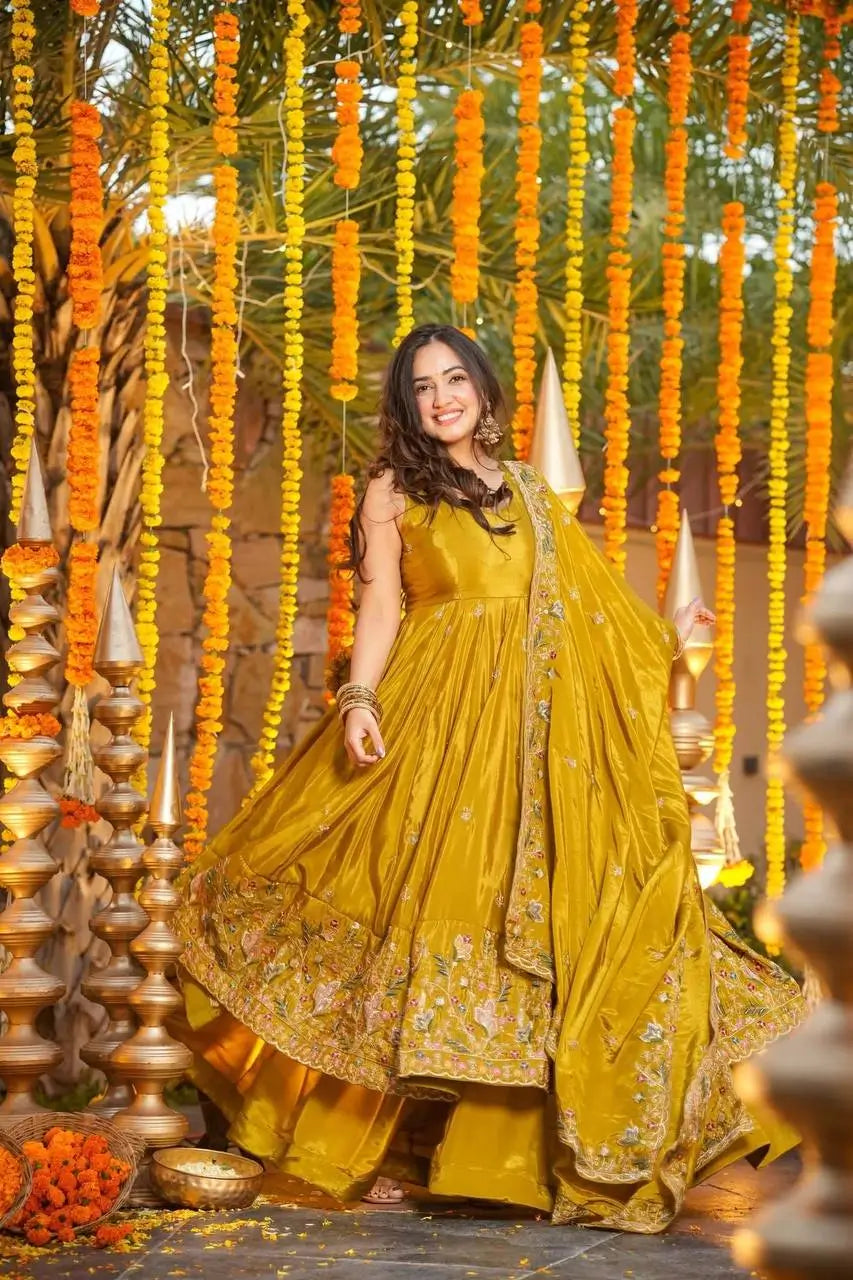 Crunchy Silk Embroidered Gown Sharara Set with Dupatta for Elegant look