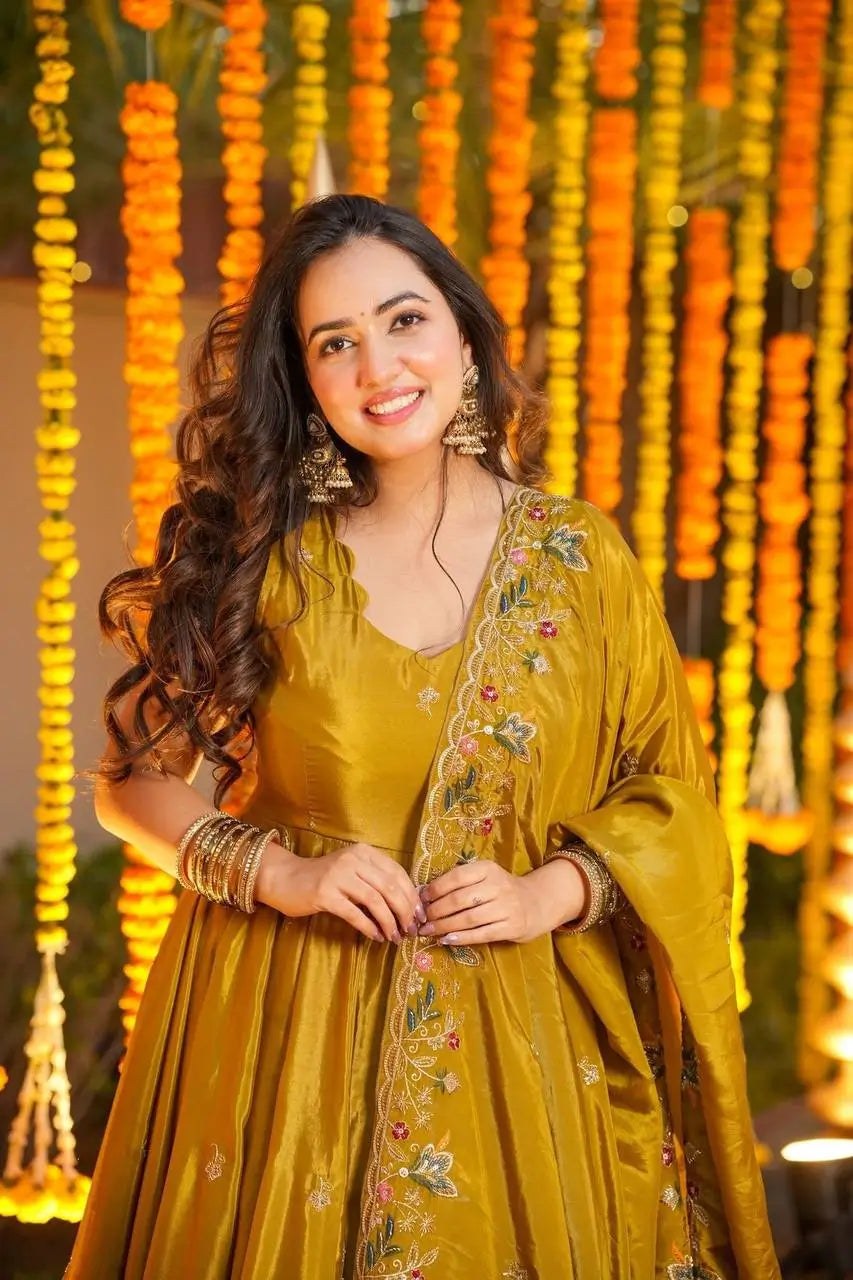 Crunchy Silk Embroidered Gown Sharara Set with Dupatta for Elegant look