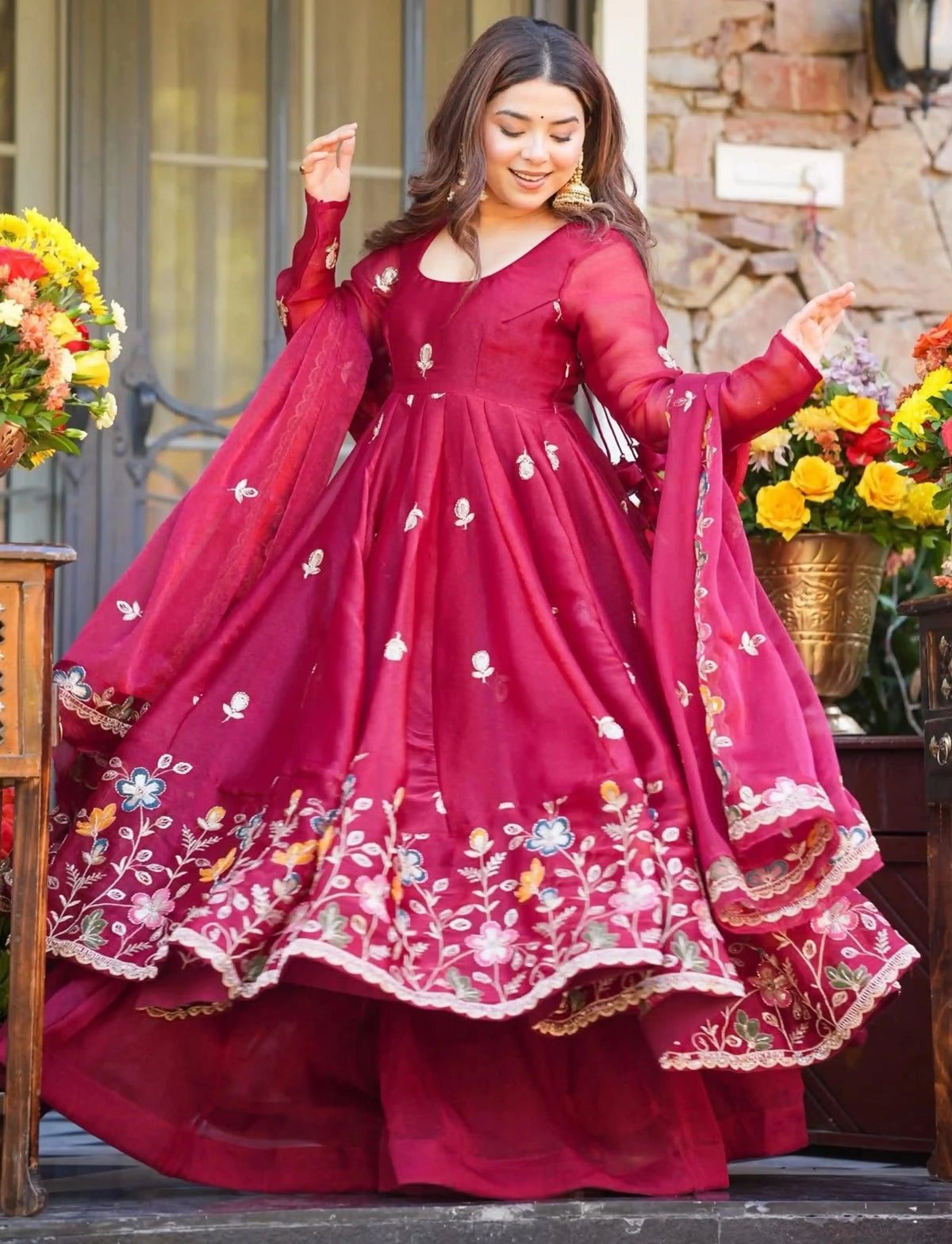 Crunchy Silk Embroidered Gown Sharara Set with Dupatta for Elegant look