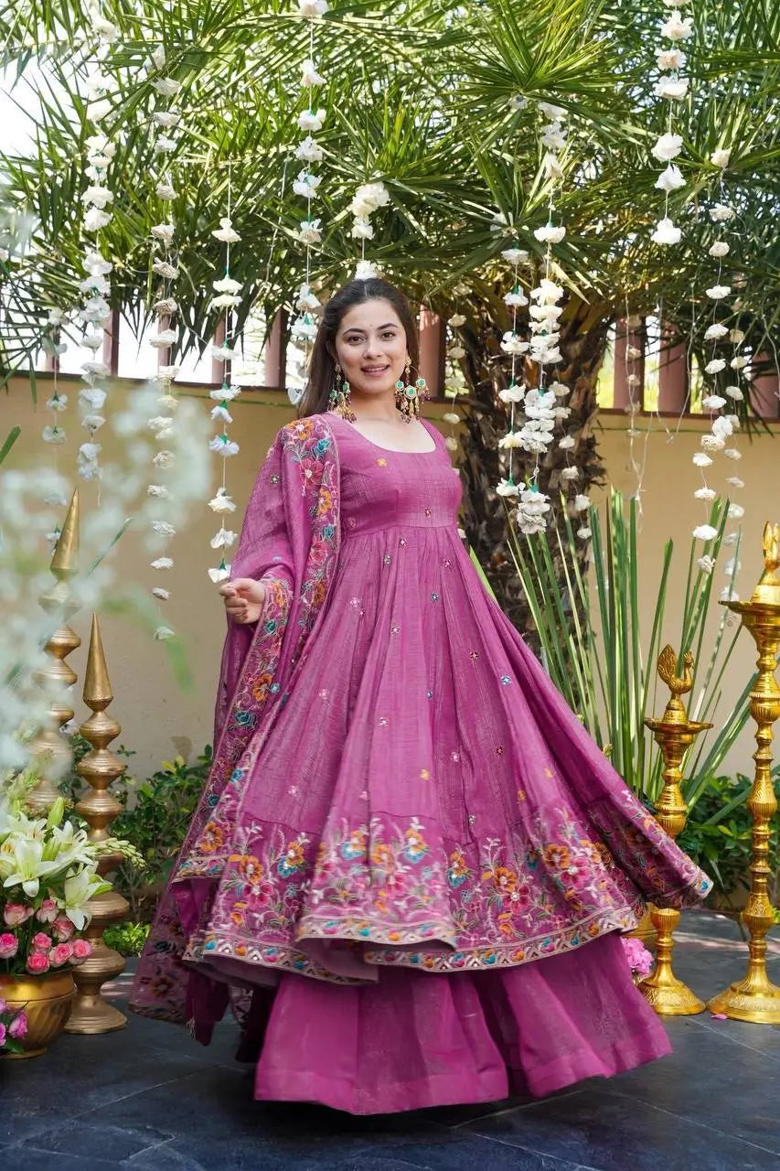 Crunchy Silk Embroidered Gown Sharara Set with Dupatta for Elegant look