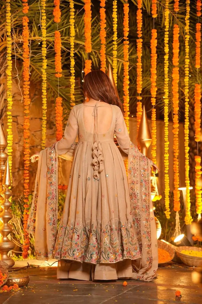 Crunchy Silk Embroidered Gown Sharara Set with Dupatta for Elegant look