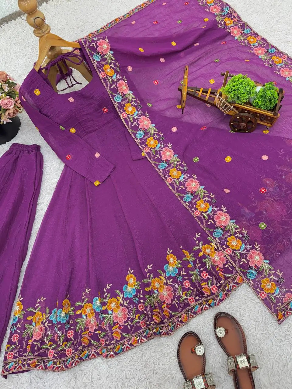 Crunchy Silk Embroidered Gown Sharara Set with Dupatta for Elegant look