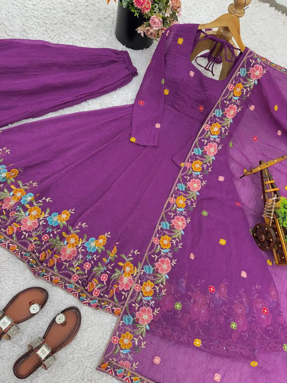Crunchy Silk Embroidered Gown Sharara Set with Dupatta for Elegant look