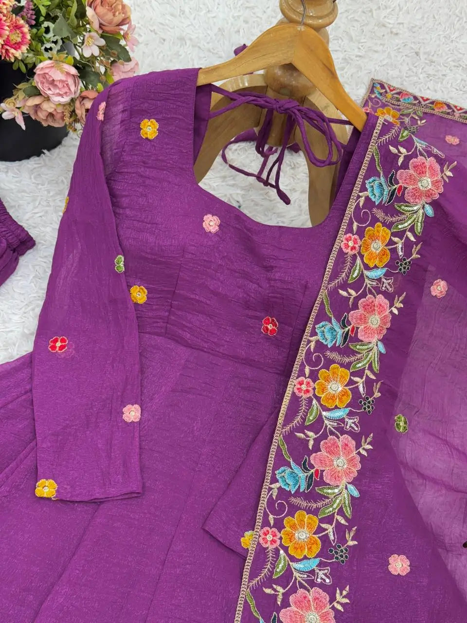 Crunchy Silk Embroidered Gown Sharara Set with Dupatta for Elegant look