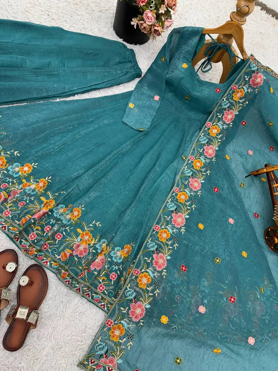 Crunchy Silk Embroidered Gown Sharara Set with Dupatta for Elegant look