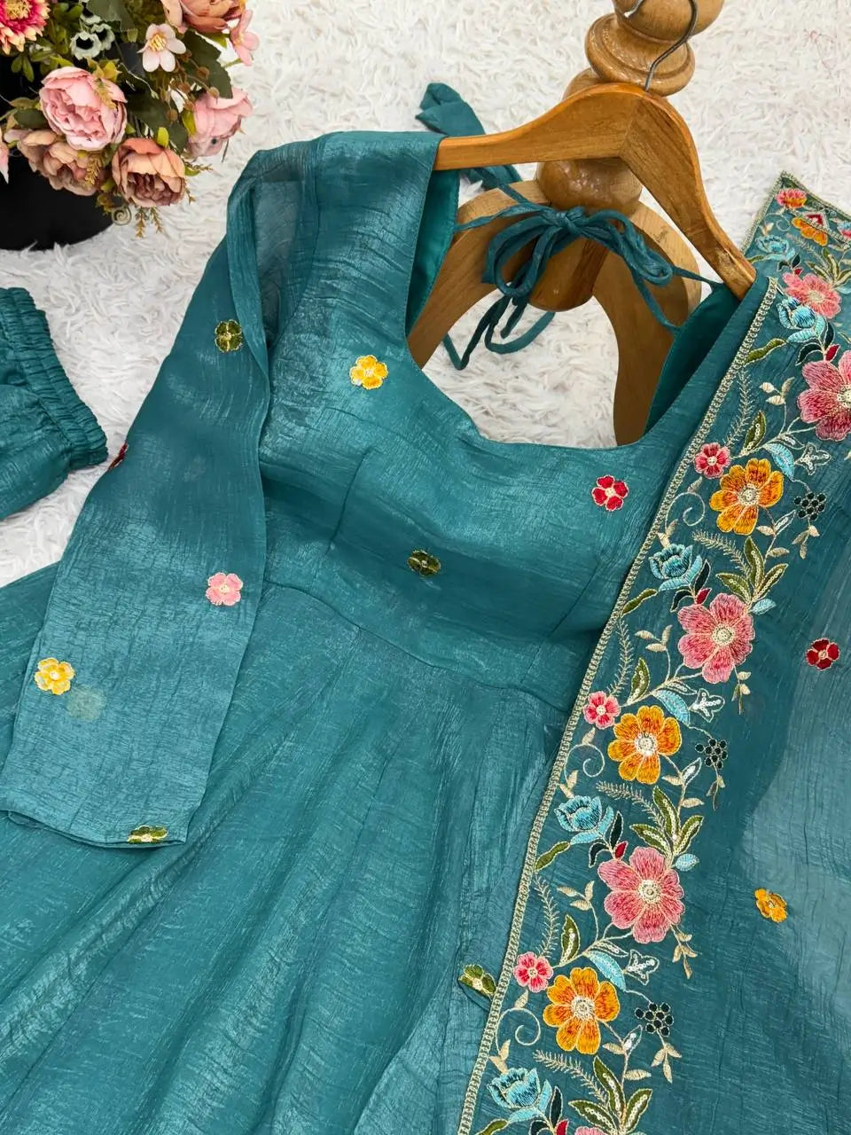 Crunchy Silk Embroidered Gown Sharara Set with Dupatta for Elegant look