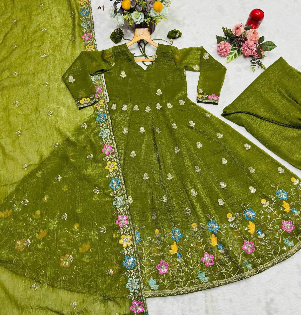 Crunchy Silk Embroidered Gown Sharara Set with Dupatta for Elegant look