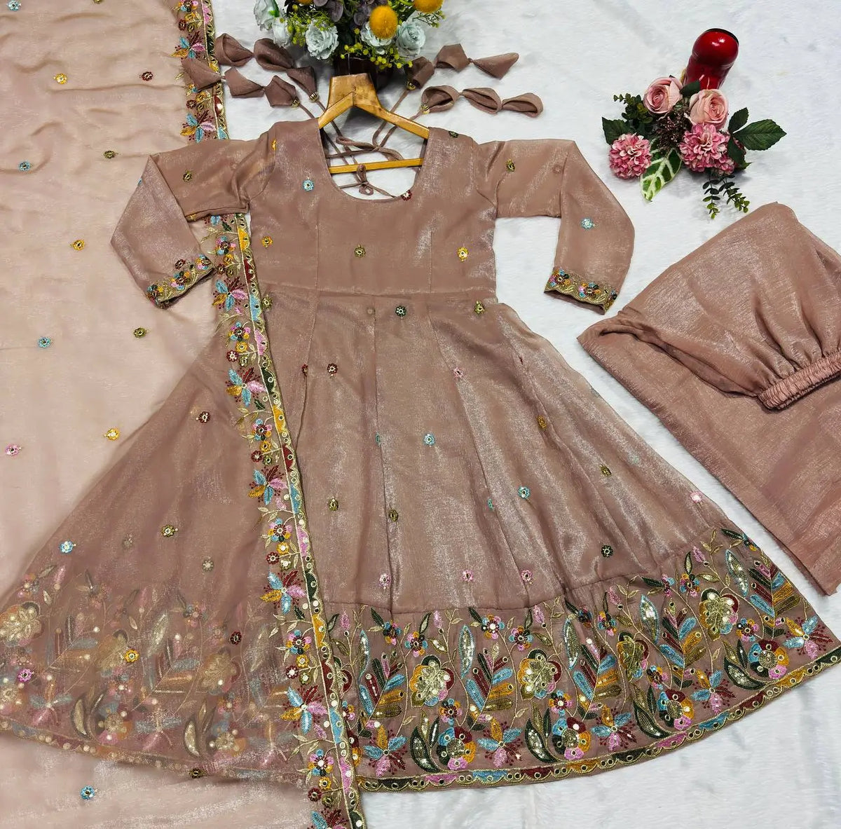 Crunchy Silk Embroidered Gown Sharara Set with Dupatta for Elegant look