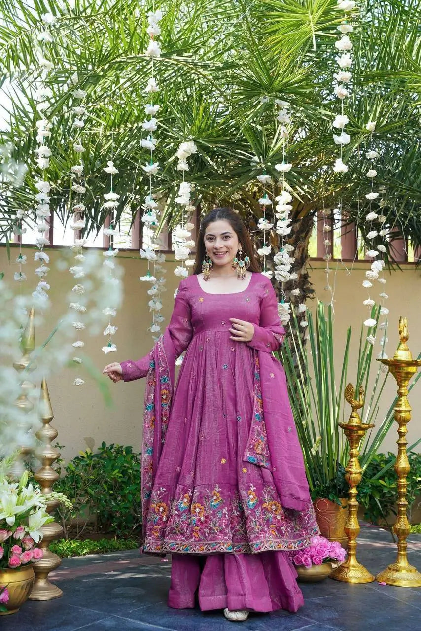 Crunchy Silk Embroidered Gown Sharara Set with Dupatta for Elegant look