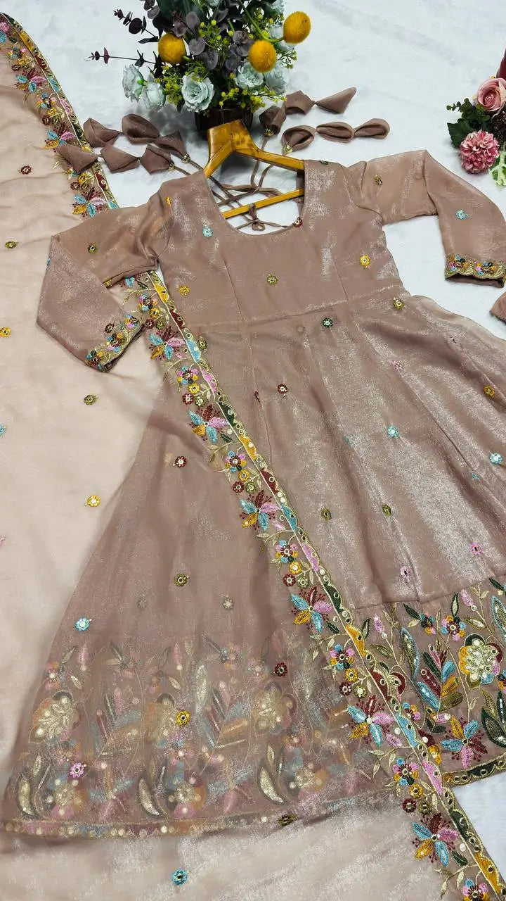 Crunchy Silk Embroidered Gown Sharara Set with Dupatta for Elegant look