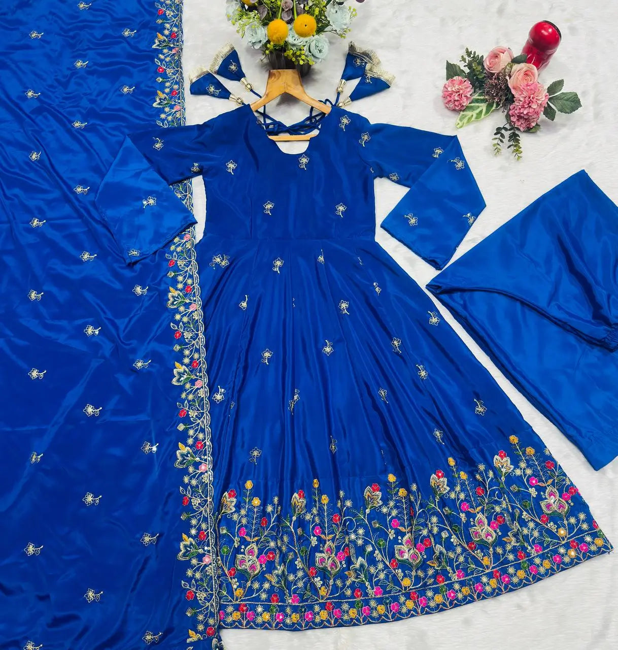 Crunchy Silk Embroidered Gown Sharara Set with Dupatta for Elegant look