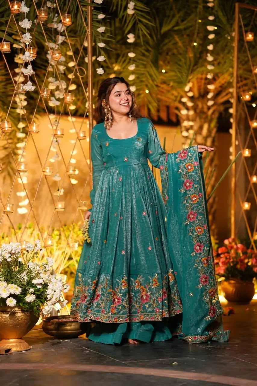 Crunchy Silk Embroidered Gown Sharara Set with Dupatta for Elegant look