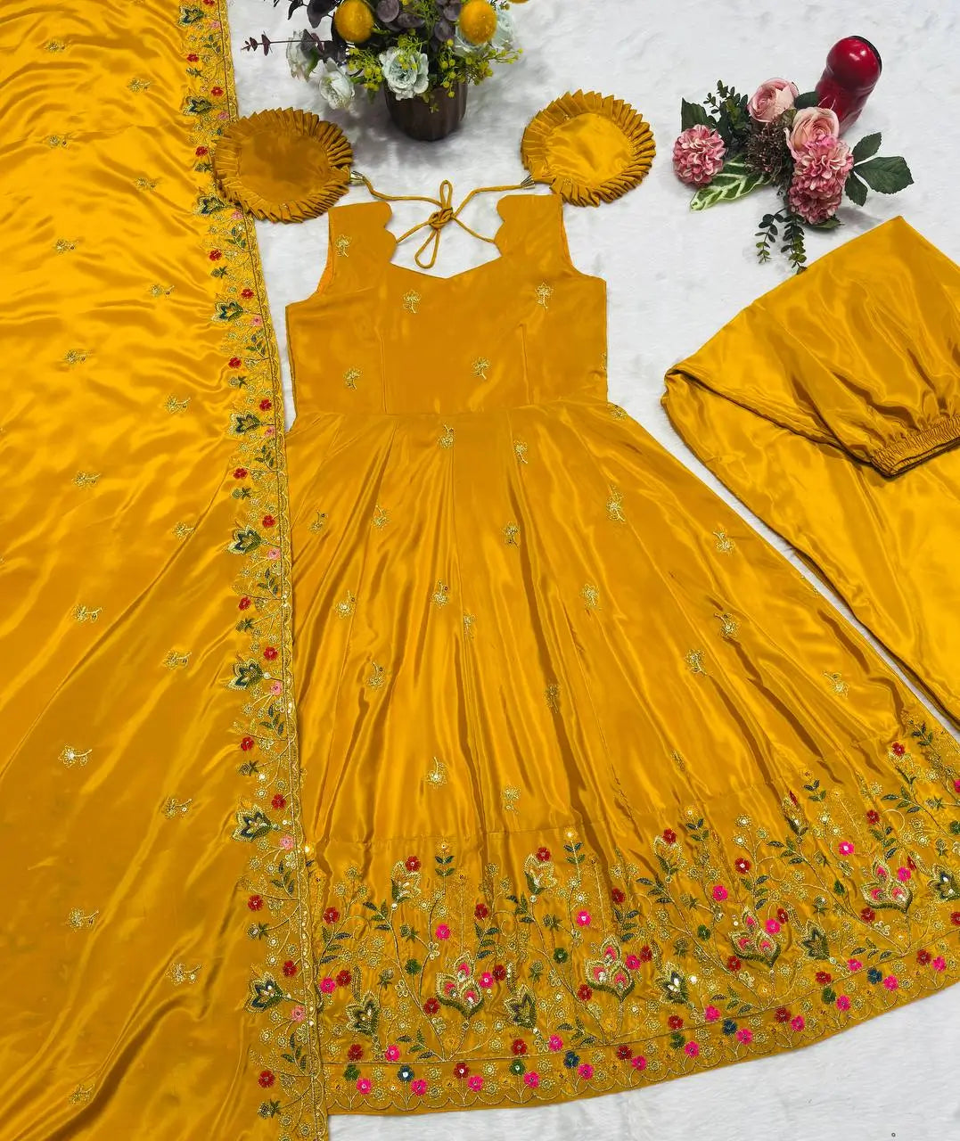 Crunchy Silk Embroidered Gown Sharara Set with Dupatta for Elegant look
