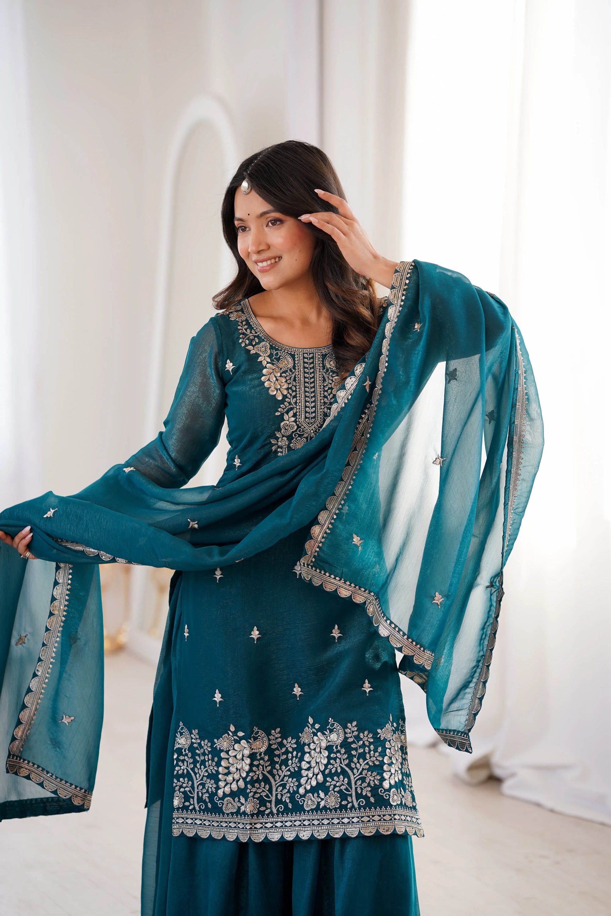 Crunchy Silk Embroidered Sharara Suit Set for Festive and Wedding Wear