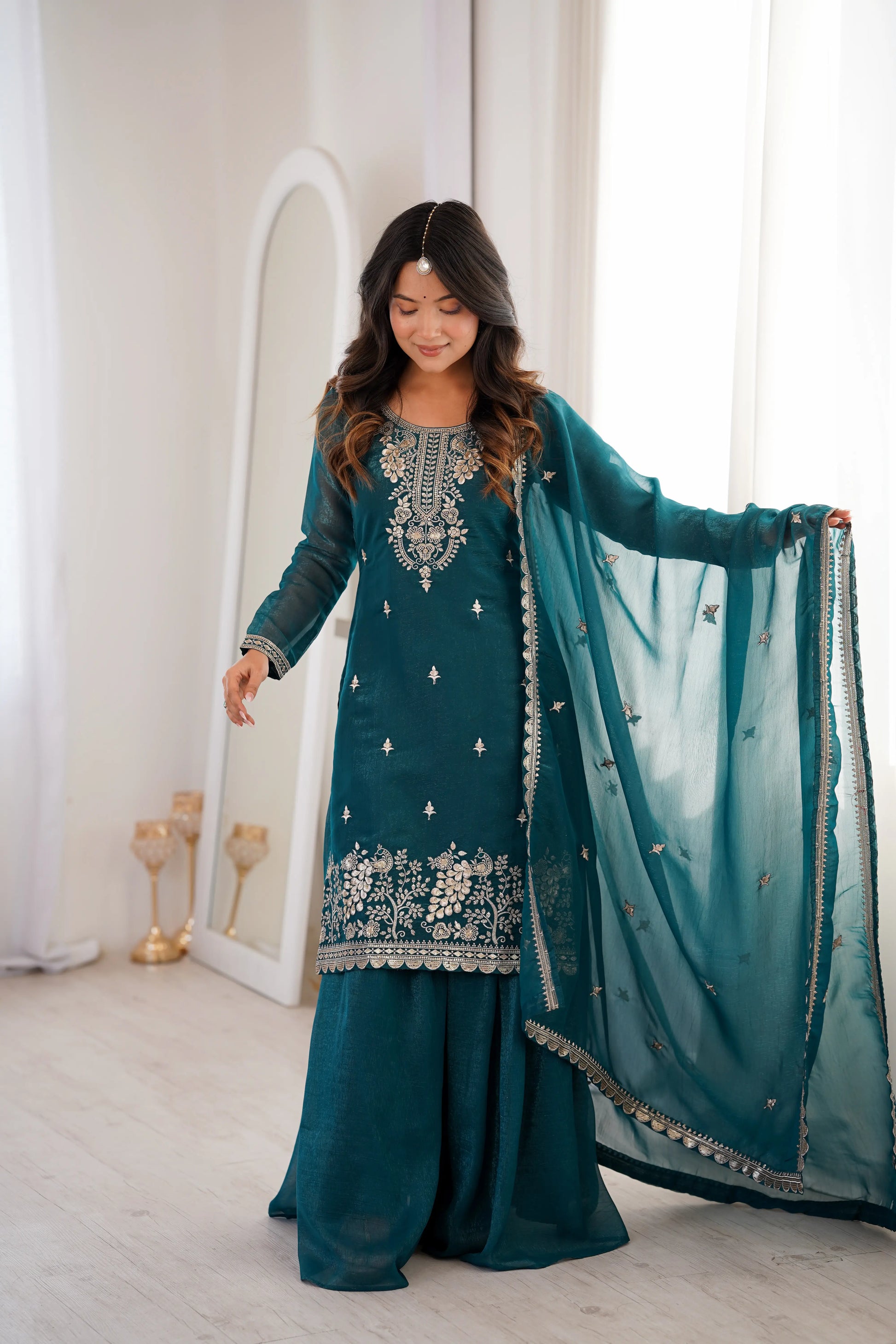 Crunchy Silk Embroidered Sharara Suit Set for Festive and Wedding Wear