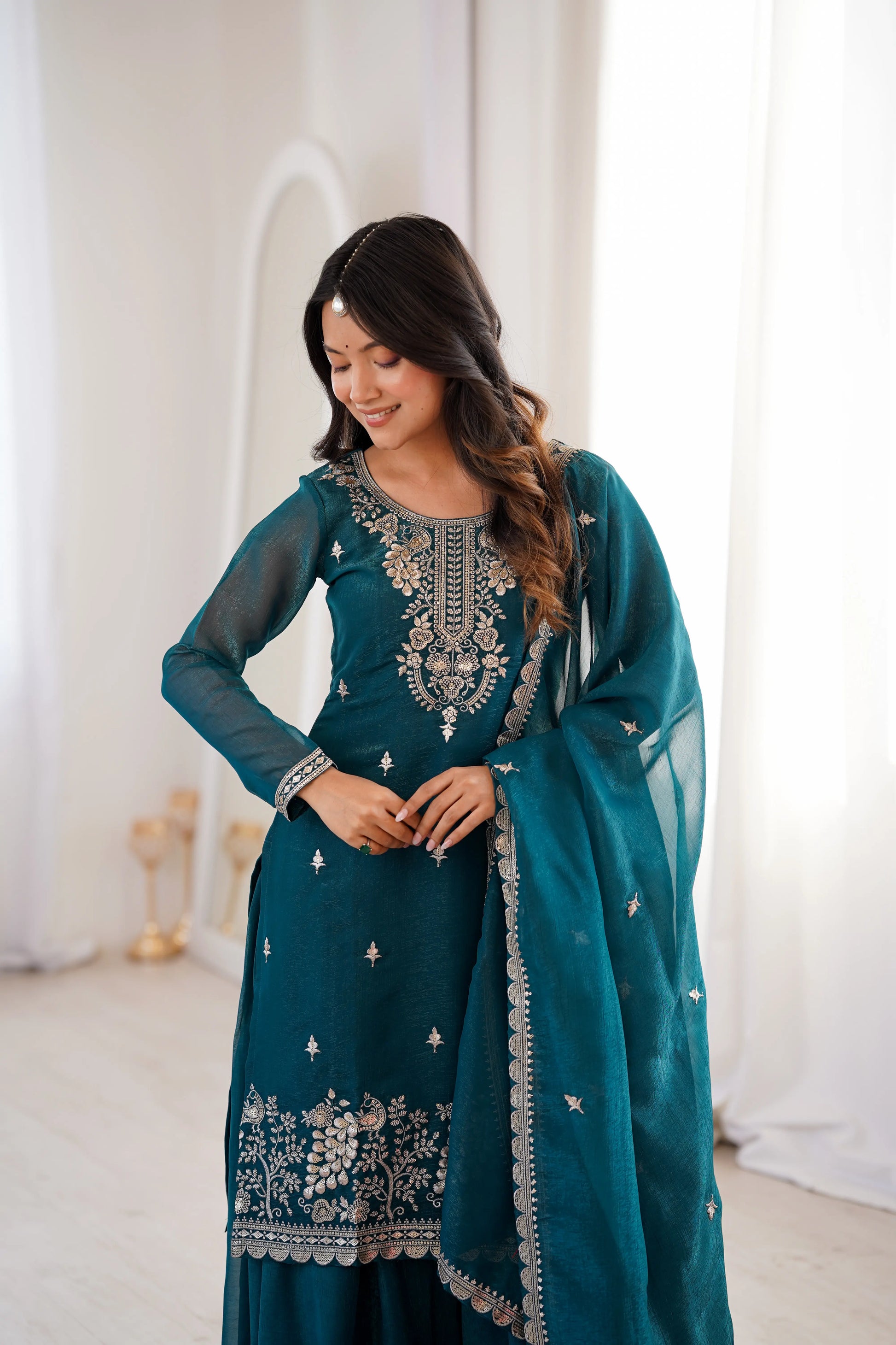 Crunchy Silk Embroidered Sharara Suit Set for Festive and Wedding Wear