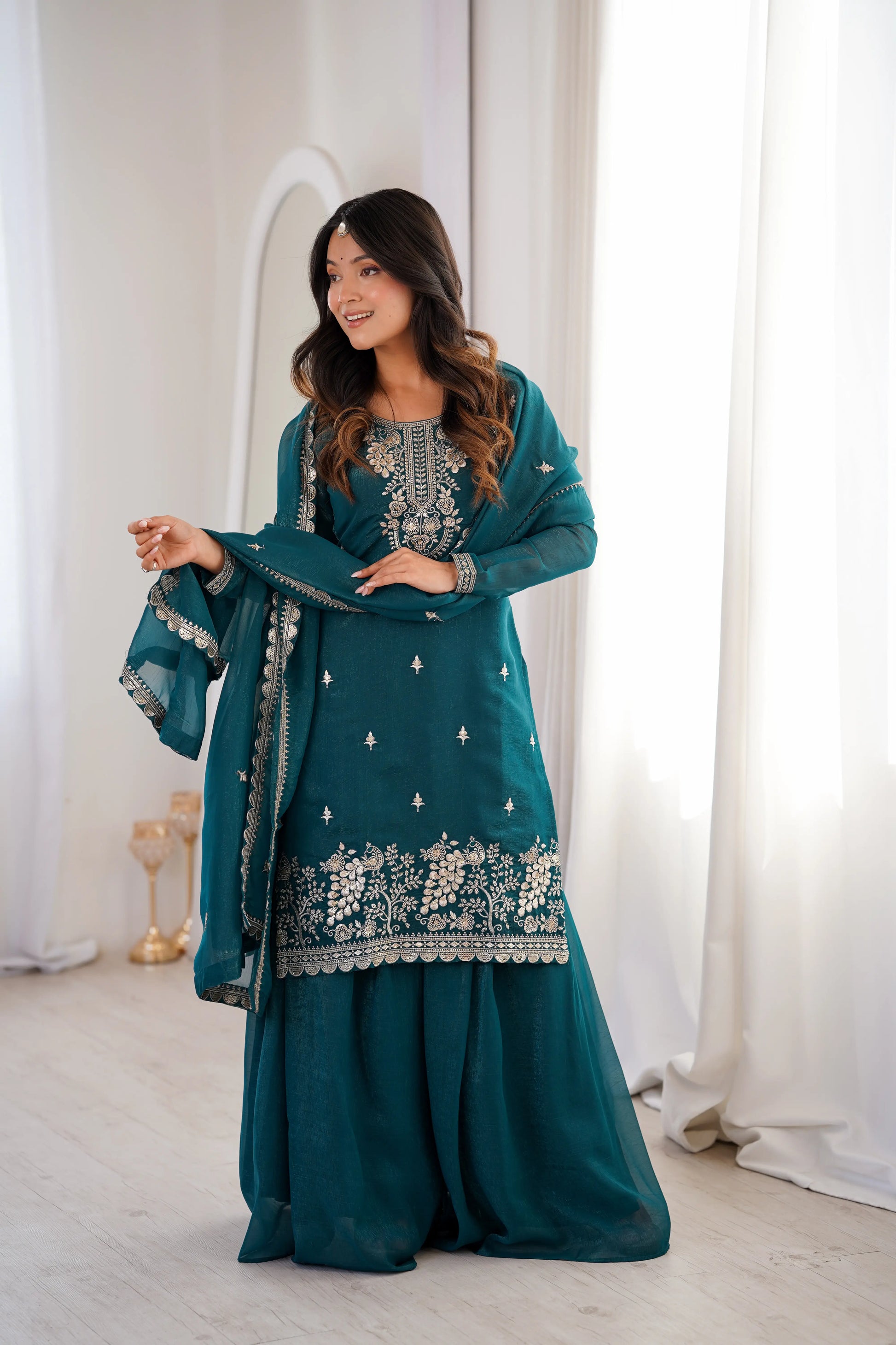 Crunchy Silk Embroidered Sharara Suit Set for Festive and Wedding Wear