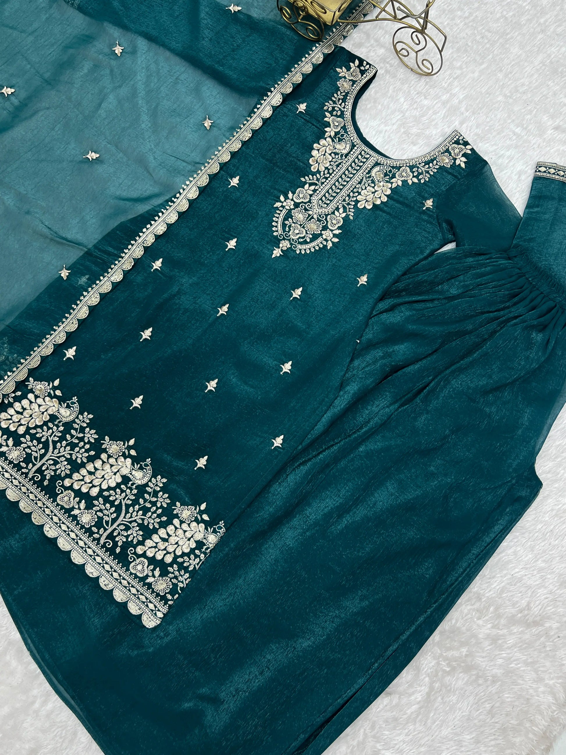 Crunchy Silk Embroidered Sharara Suit Set for Festive and Wedding Wear