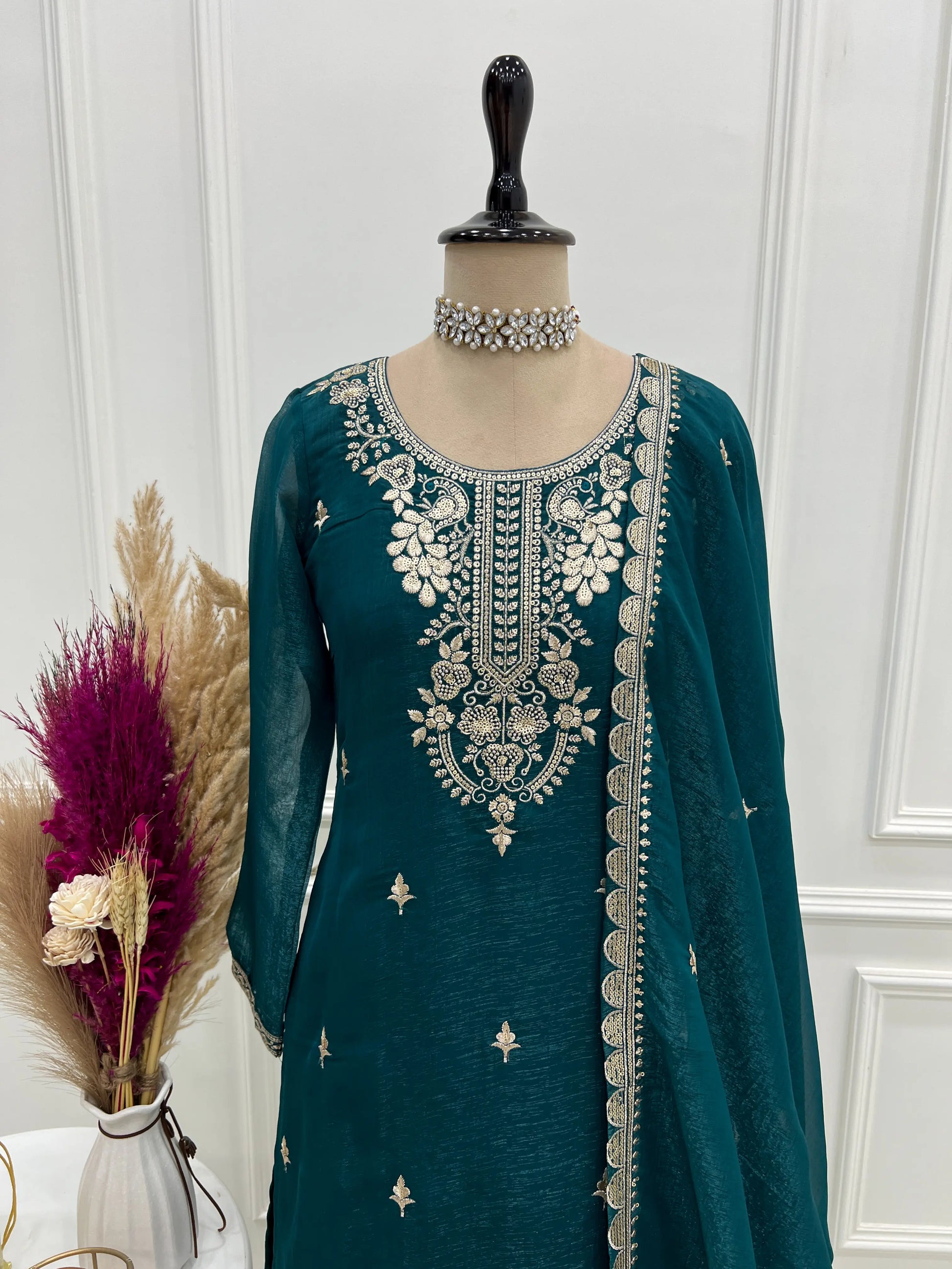 Crunchy Silk Embroidered Sharara Suit Set for Festive and Wedding Wear