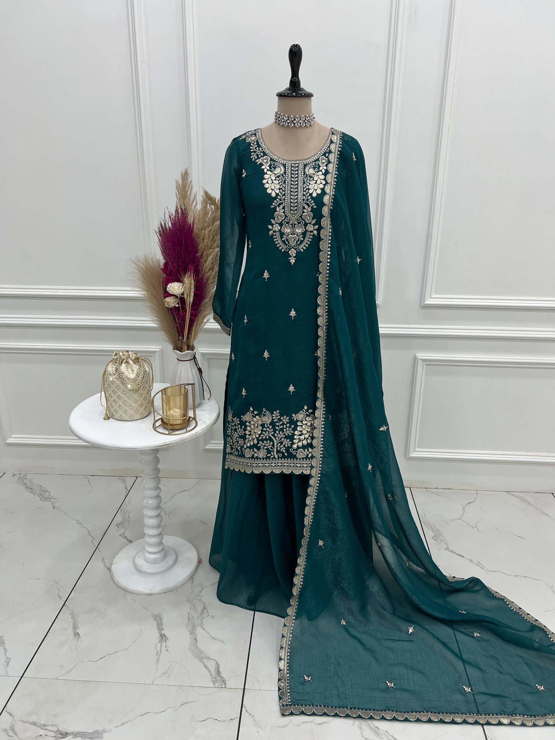 Crunchy Silk Embroidered Sharara Suit Set for Festive and Wedding Wear