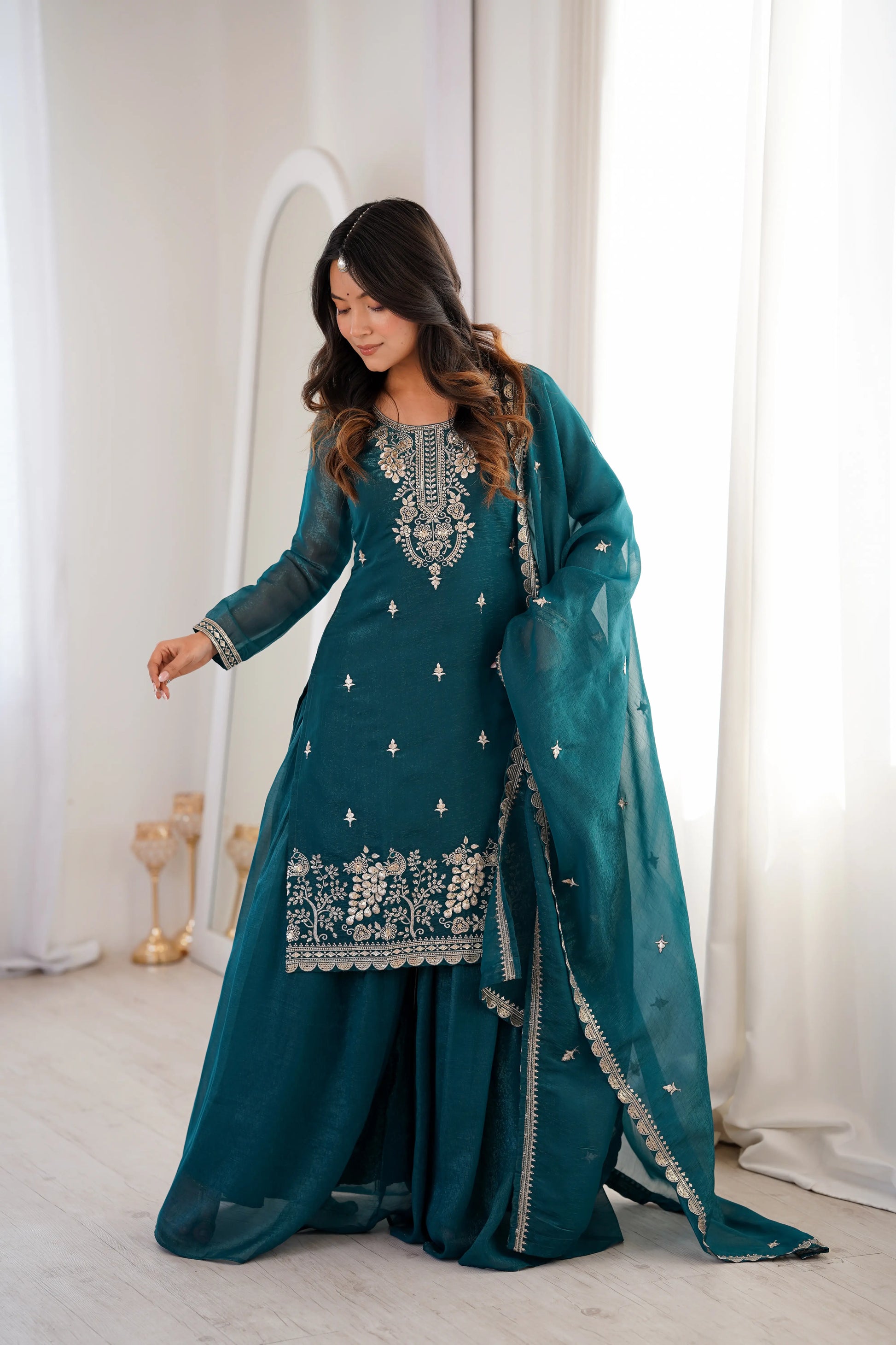 Crunchy Silk Embroidered Sharara Suit Set for Festive and Wedding Wear