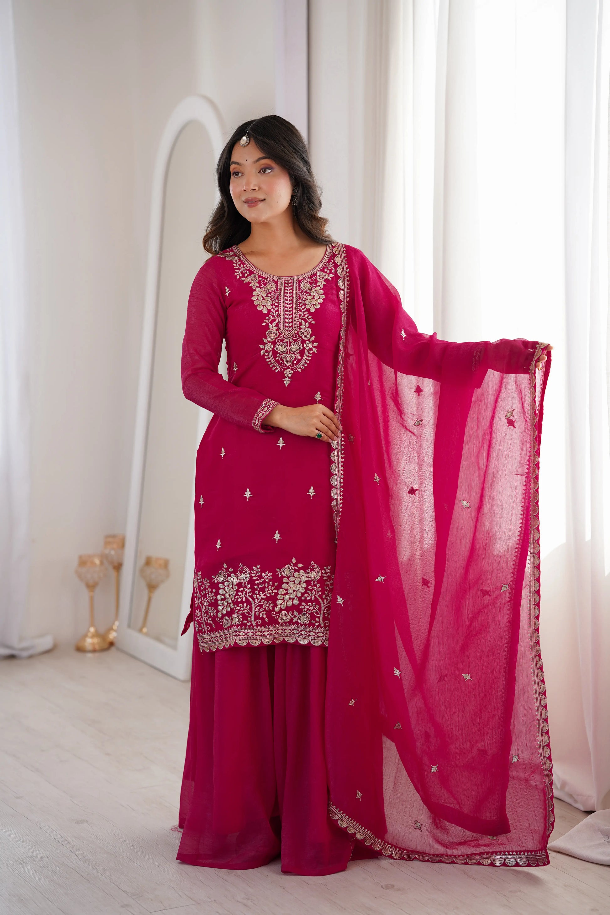 Crunchy Silk Embroidered Sharara Suit Set for Festive and Wedding Wear