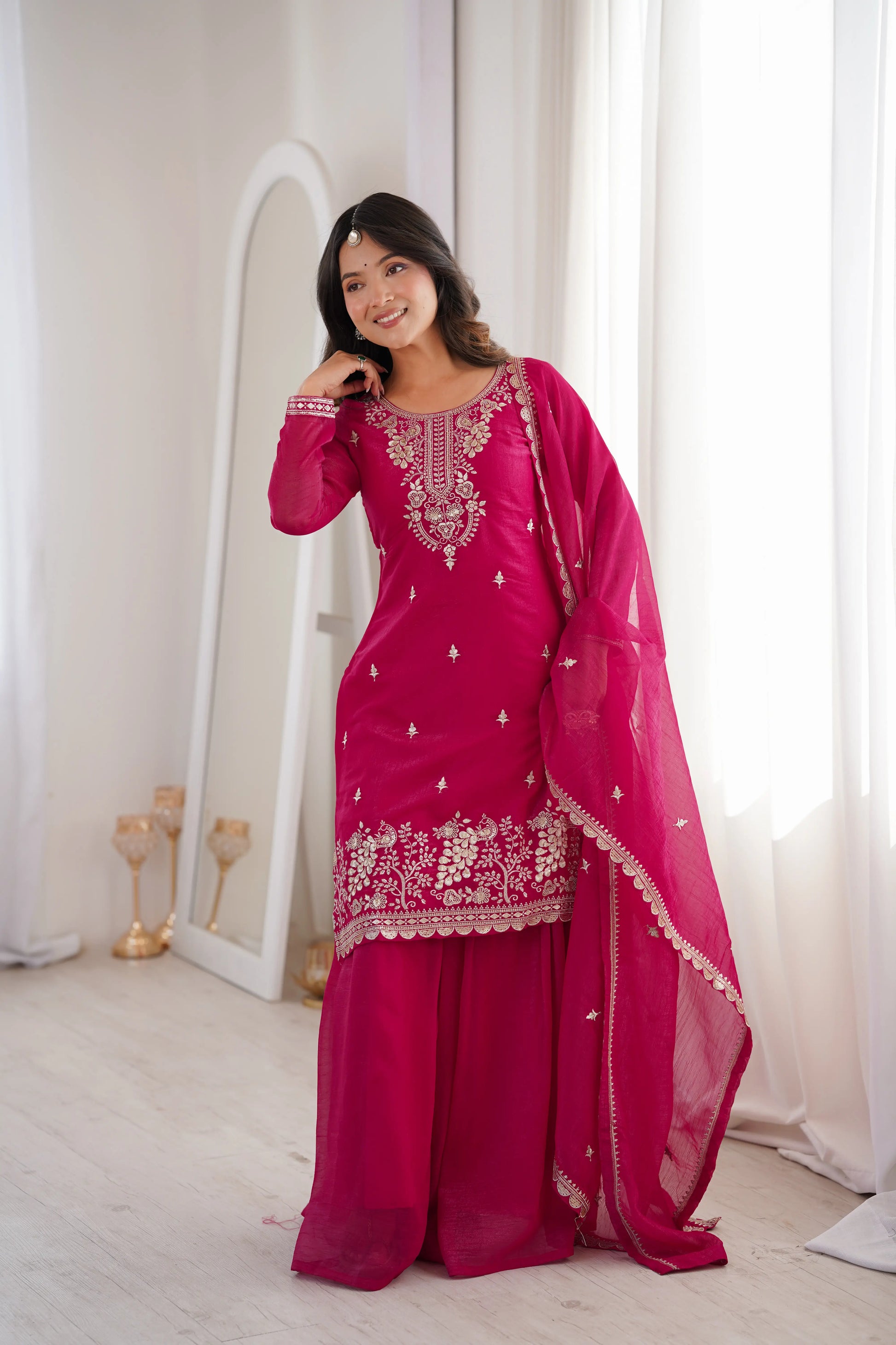 Crunchy Silk Embroidered Sharara Suit Set for Festive and Wedding Wear