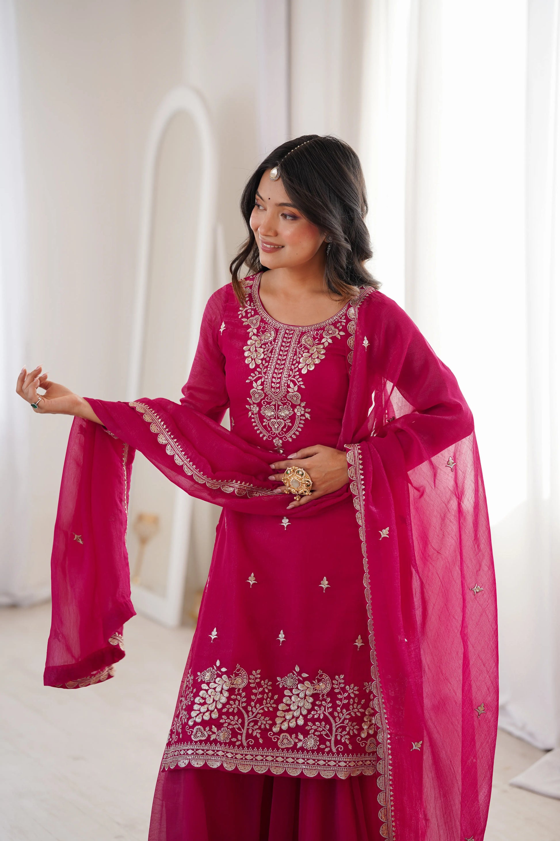 Crunchy Silk Embroidered Sharara Suit Set for Festive and Wedding Wear
