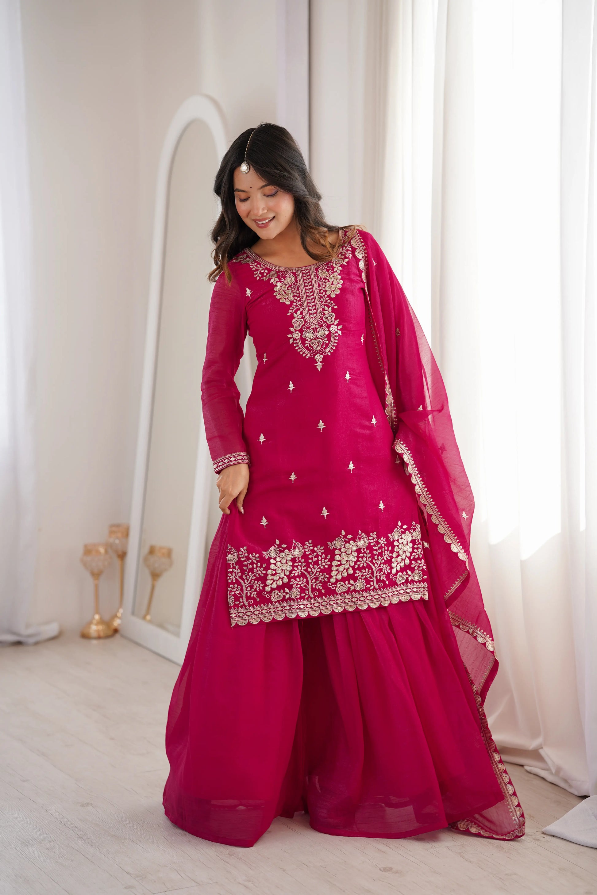 Crunchy Silk Embroidered Sharara Suit Set for Festive and Wedding Wear