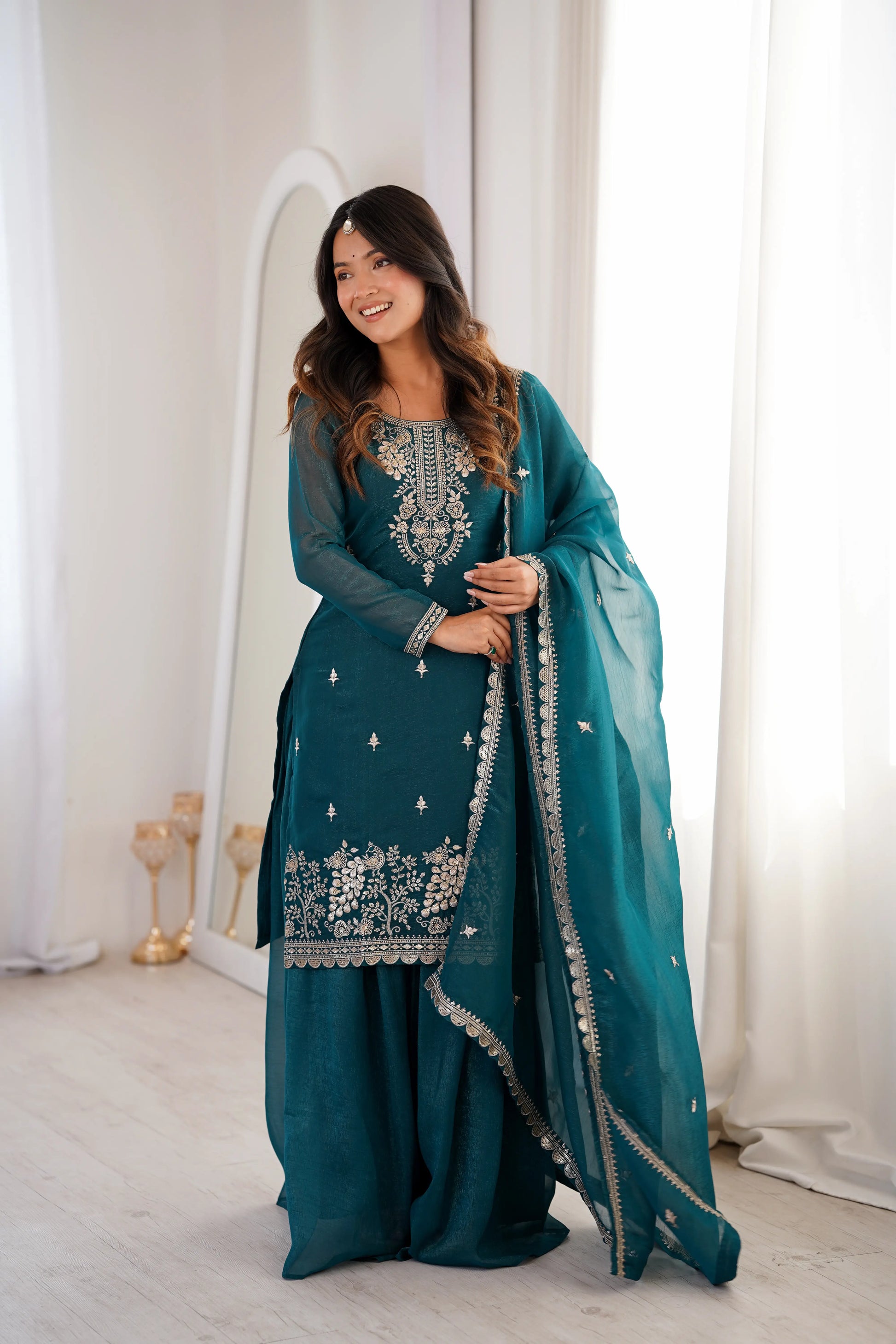 Crunchy Silk Embroidered Sharara Suit Set for Festive and Wedding Wear