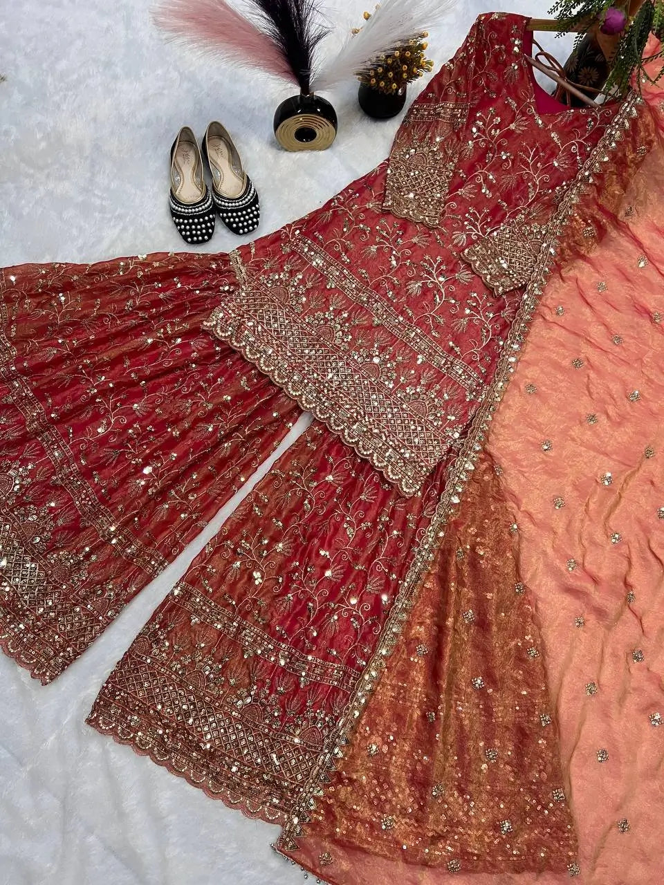 Crushed Silk Sharara Set With Sequin Embroidery