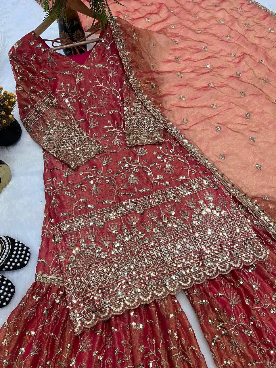 Crushed Silk Sharara Set With Sequin Embroidery