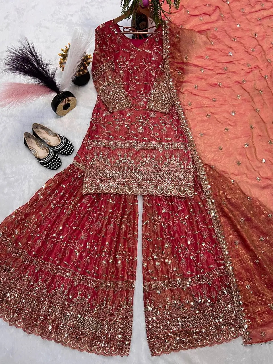Crushed Silk Sharara Set With Sequin Embroidery
