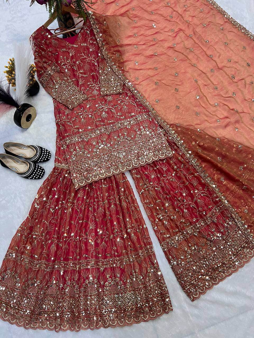 Crushed Silk Sharara Set With Sequin Embroidery