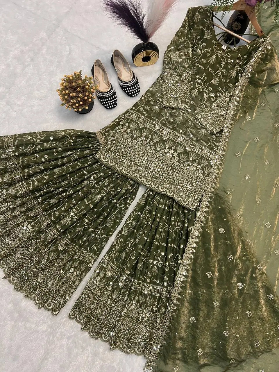 Crushed Silk Sharara Set With Sequin Embroidery