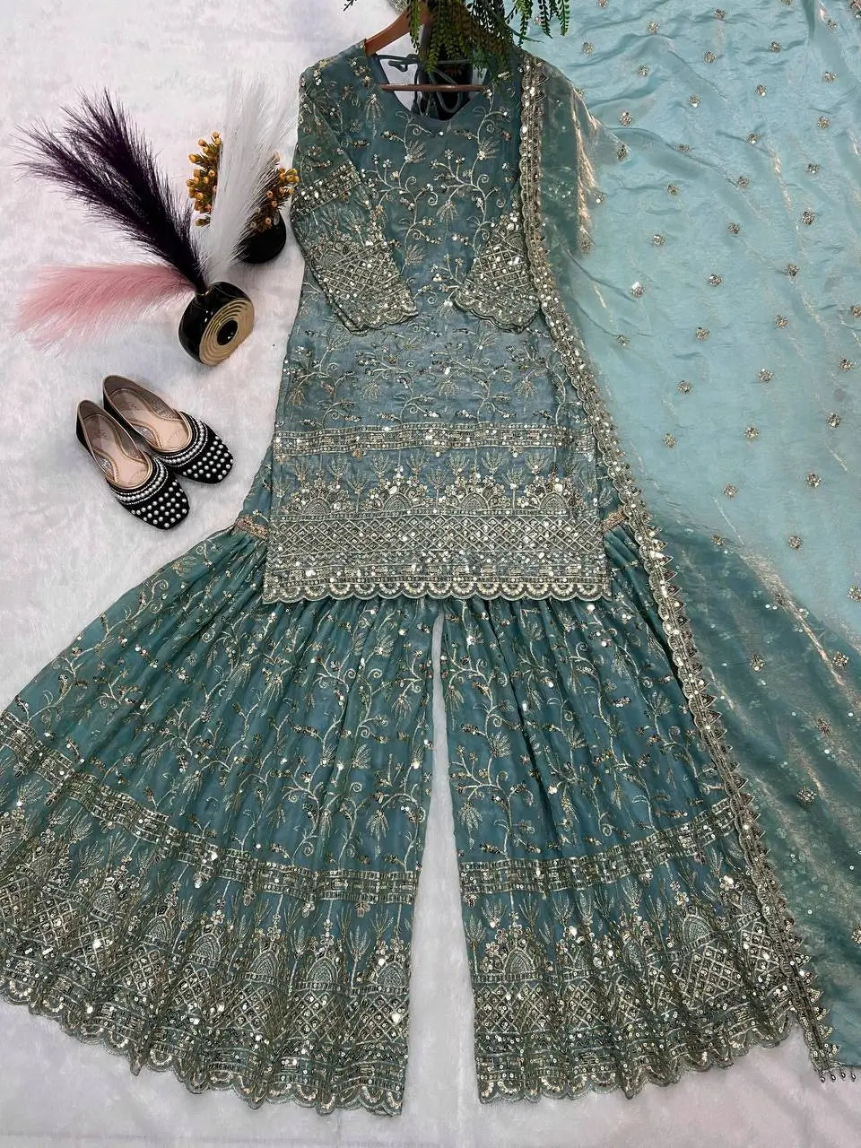 Crushed Silk Sharara Set With Sequin Embroidery
