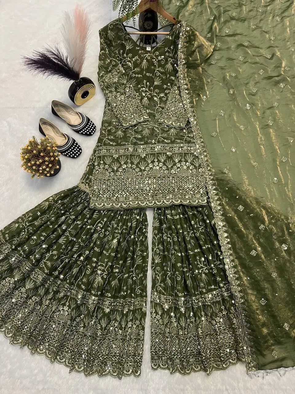 Crushed Silk Sharara Set With Sequin Embroidery
