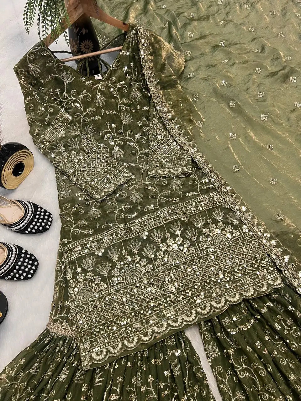 Crushed Silk Sharara Set With Sequin Embroidery
