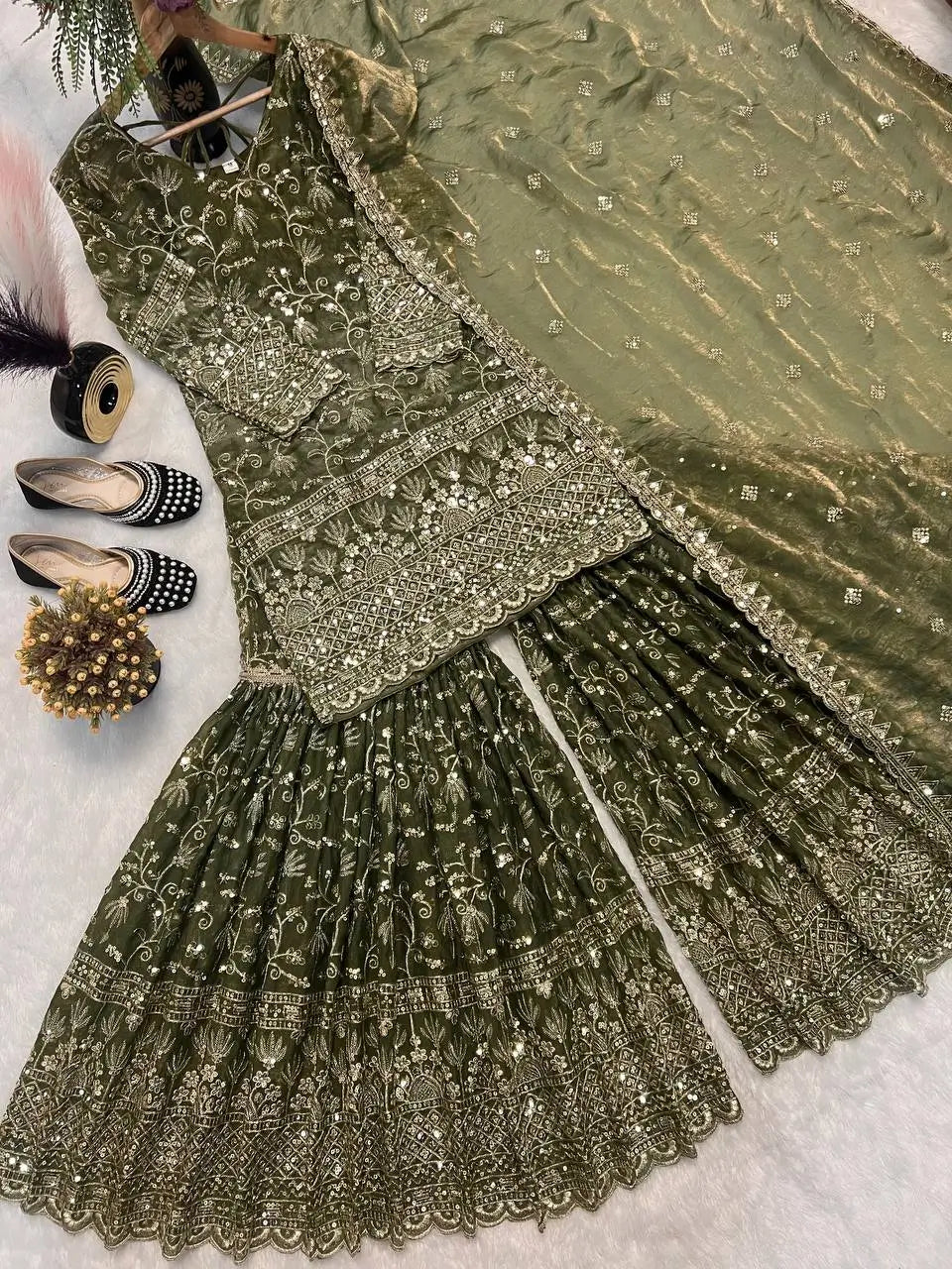 Crushed Silk Sharara Set With Sequin Embroidery