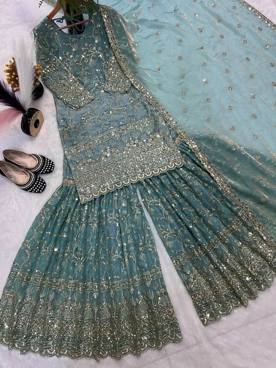 Crushed Silk Sharara Set With Sequin Embroidery