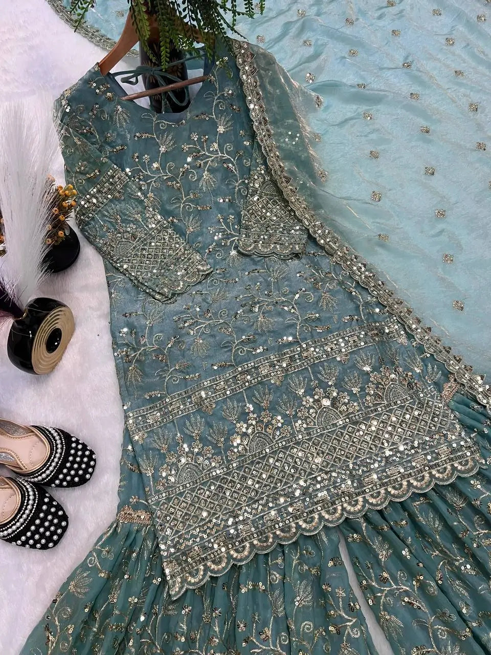 Crushed Silk Sharara Set With Sequin Embroidery