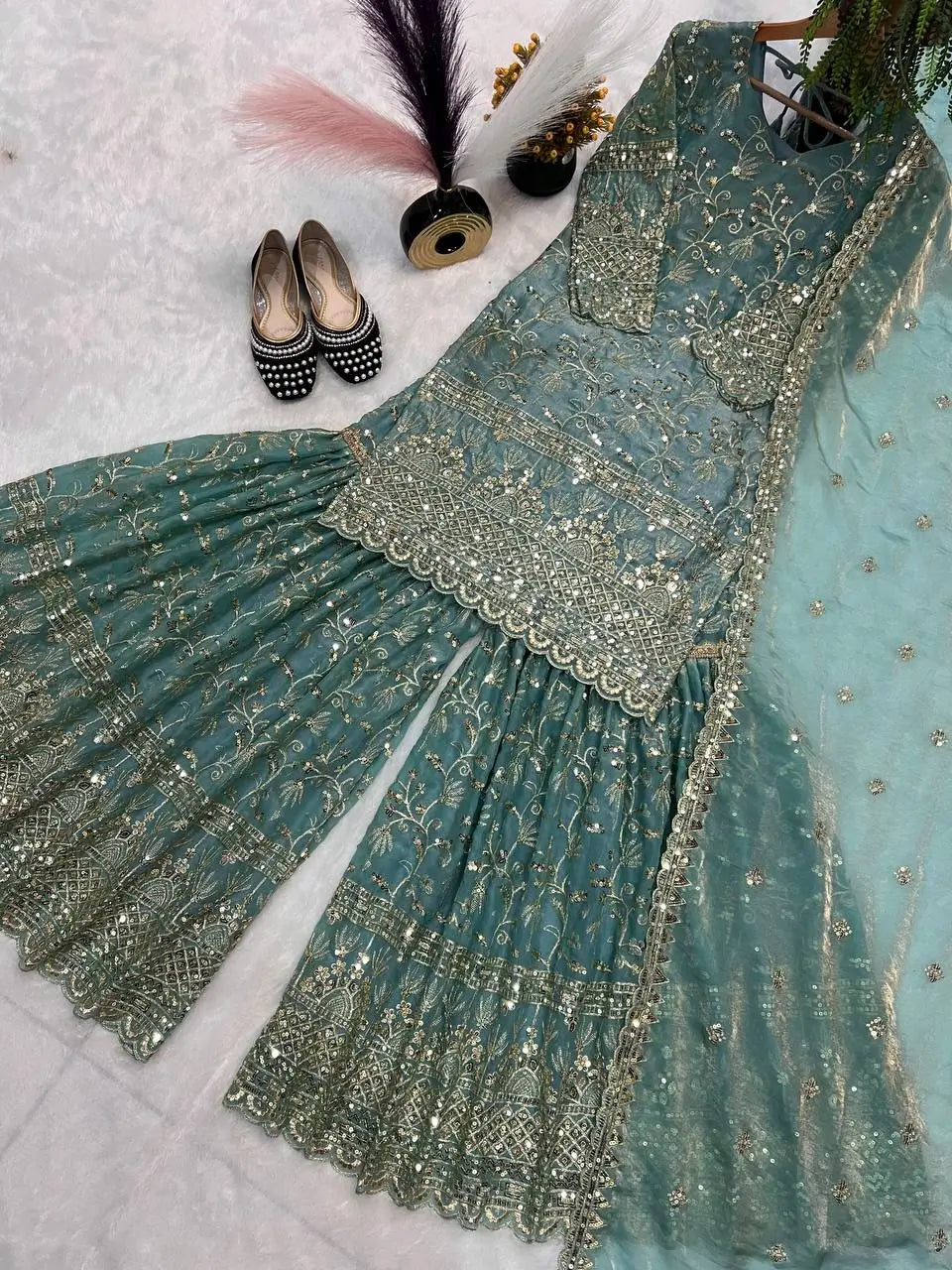 Crushed Silk Sharara Set With Sequin Embroidery