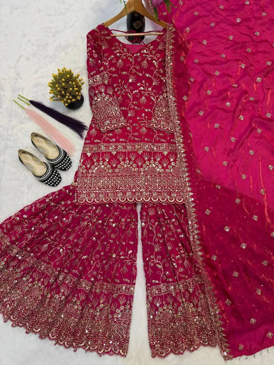 Crushed Silk Sharara Set With Sequin Embroidery