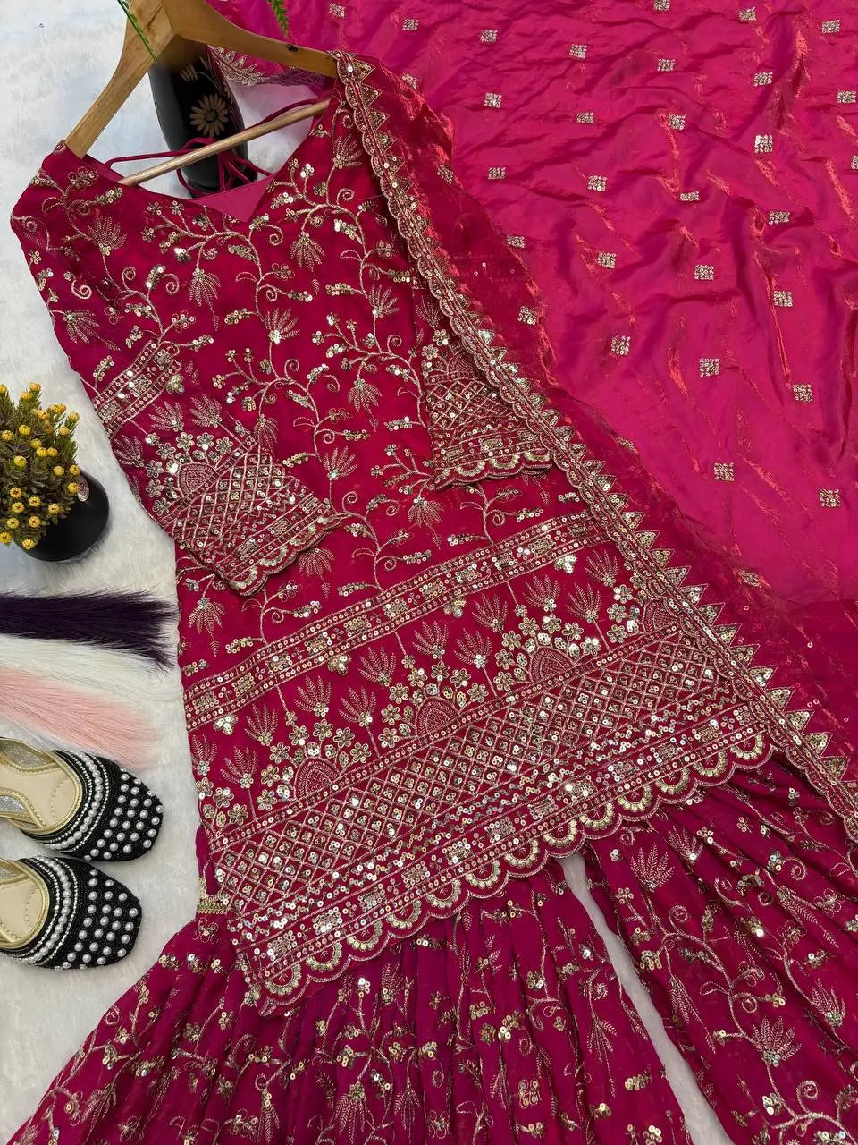 Crushed Silk Sharara Set With Sequin Embroidery