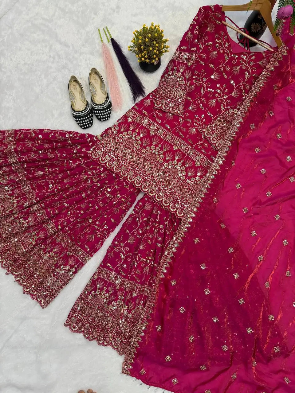 Crushed Silk Sharara Set With Sequin Embroidery