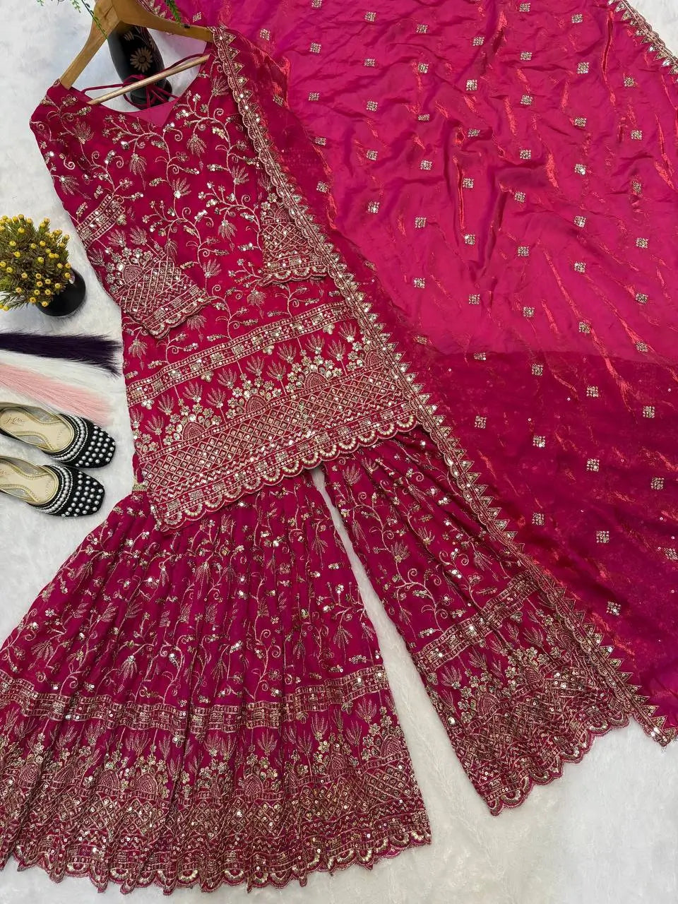 Crushed Silk Sharara Set With Sequin Embroidery